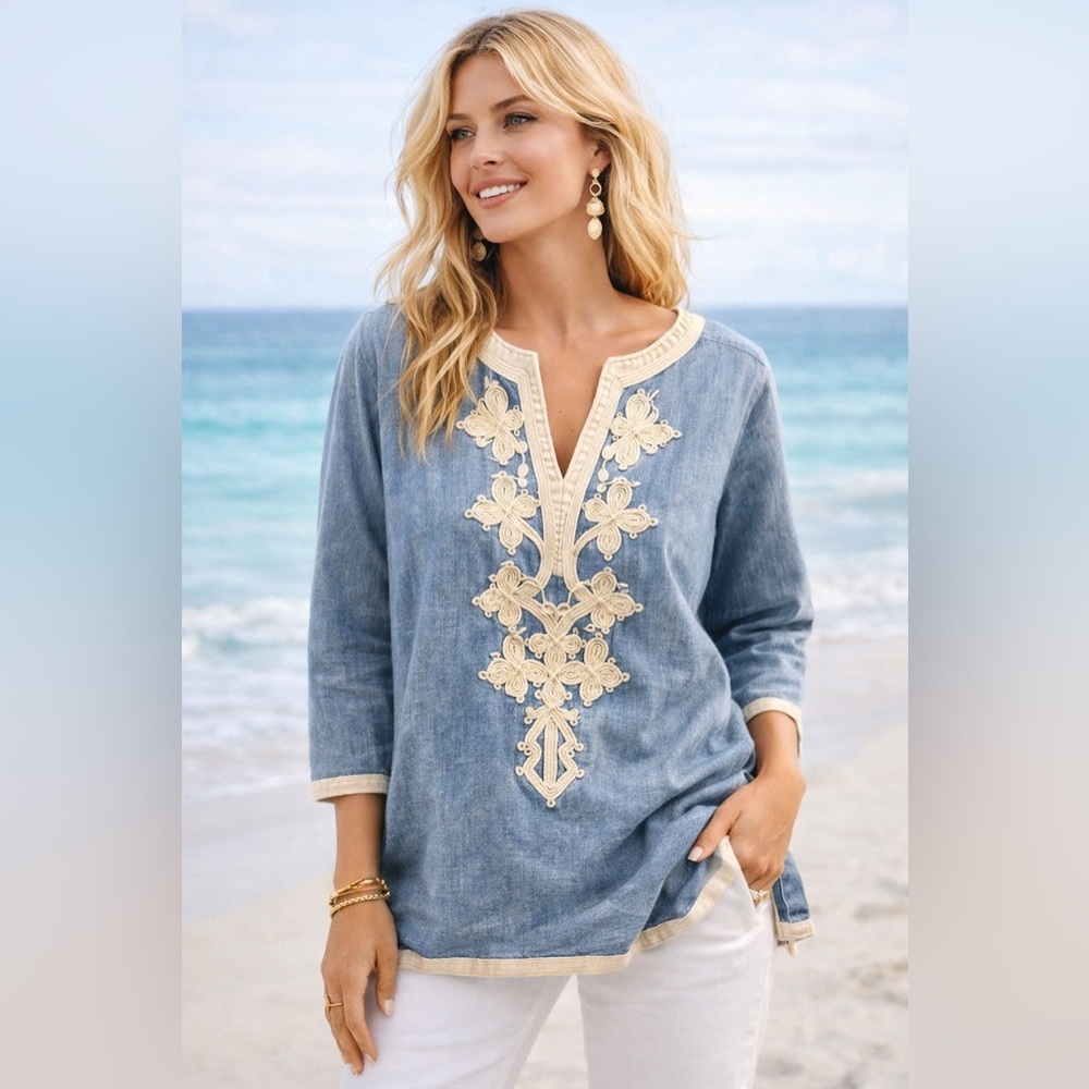 J.Crew Embroidered Chambray Tunic Top Size 8 Boho Peasant